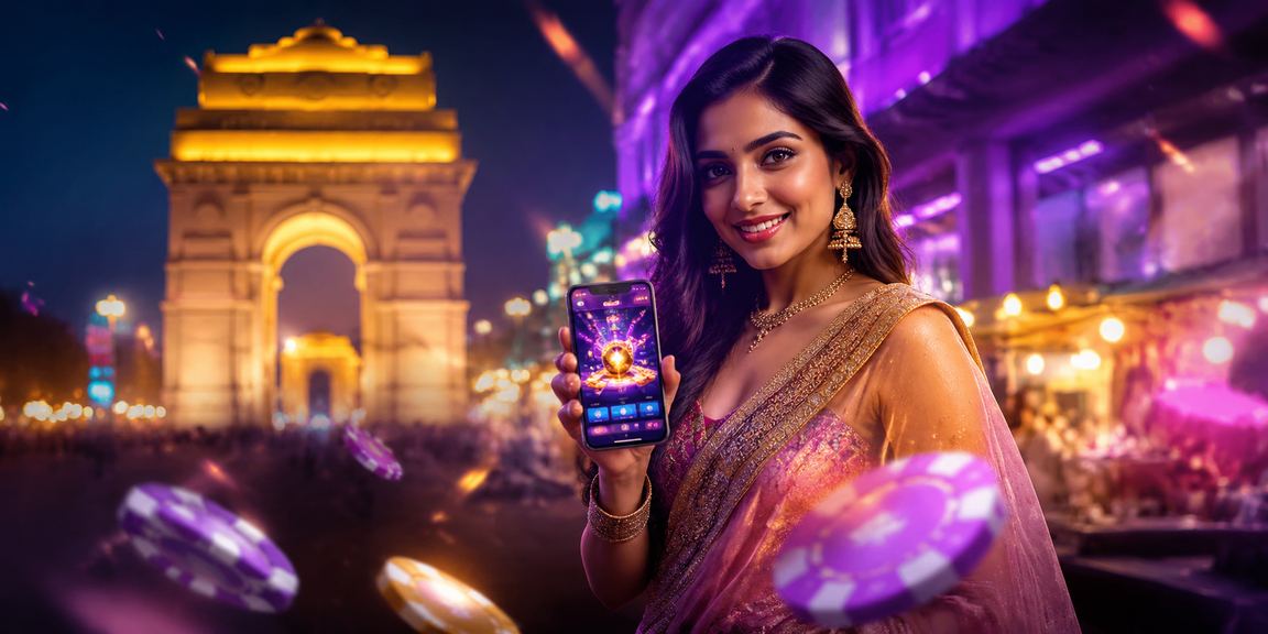 View of India Gate with colorful casino app display at night