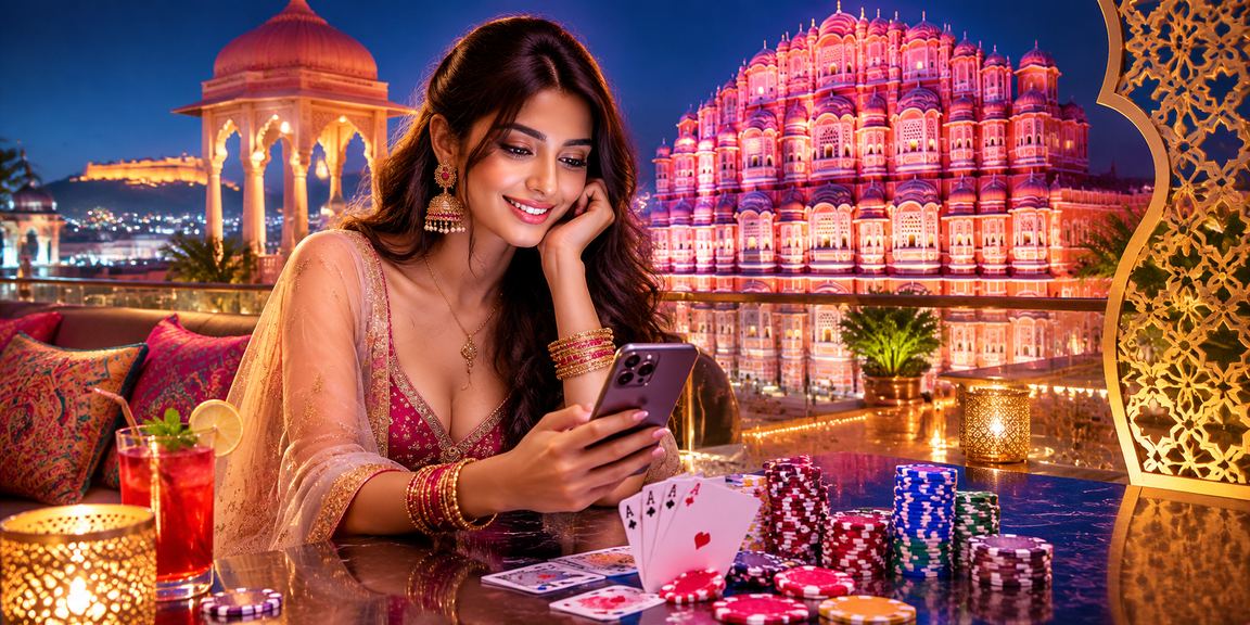 Jaipur Hawa Mahal with poker game and Indian model