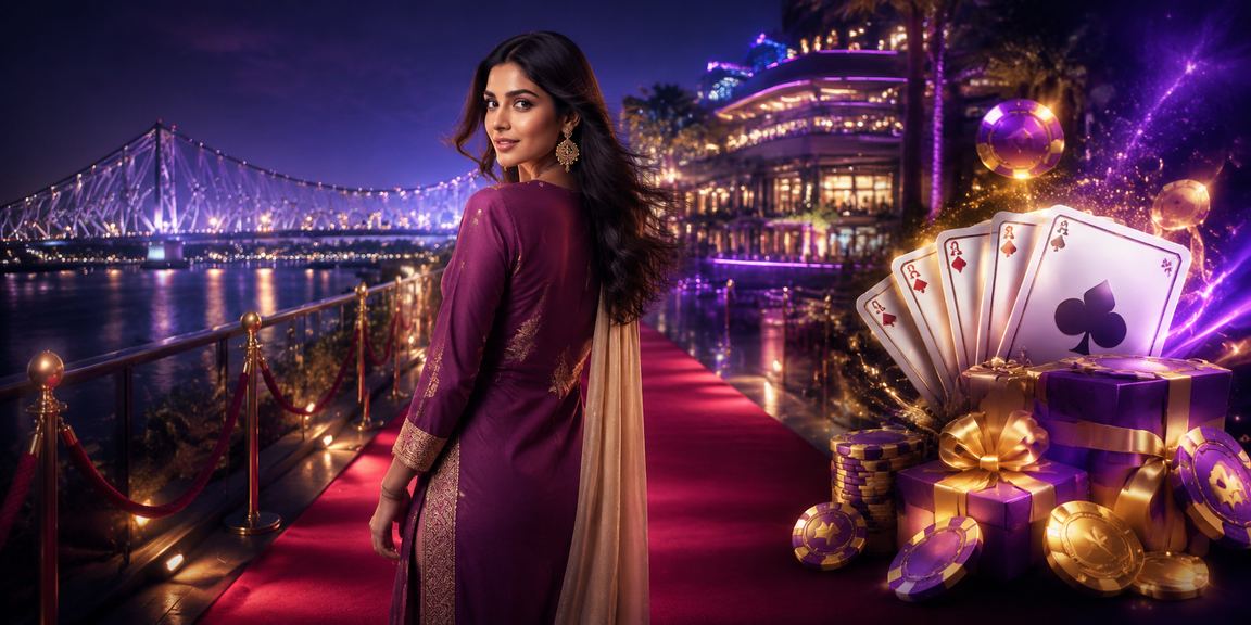 Kolkata Howrah Bridge with Teen Patti players dressed in traditional fashion
